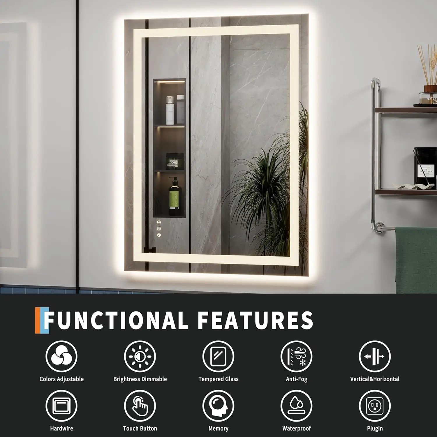 32x24 in LED Backlit Mirror Bathroom Vanity with Lights Anti-Fog Dimmable Smart Mirror Memory Function, Horizontal/Vertical