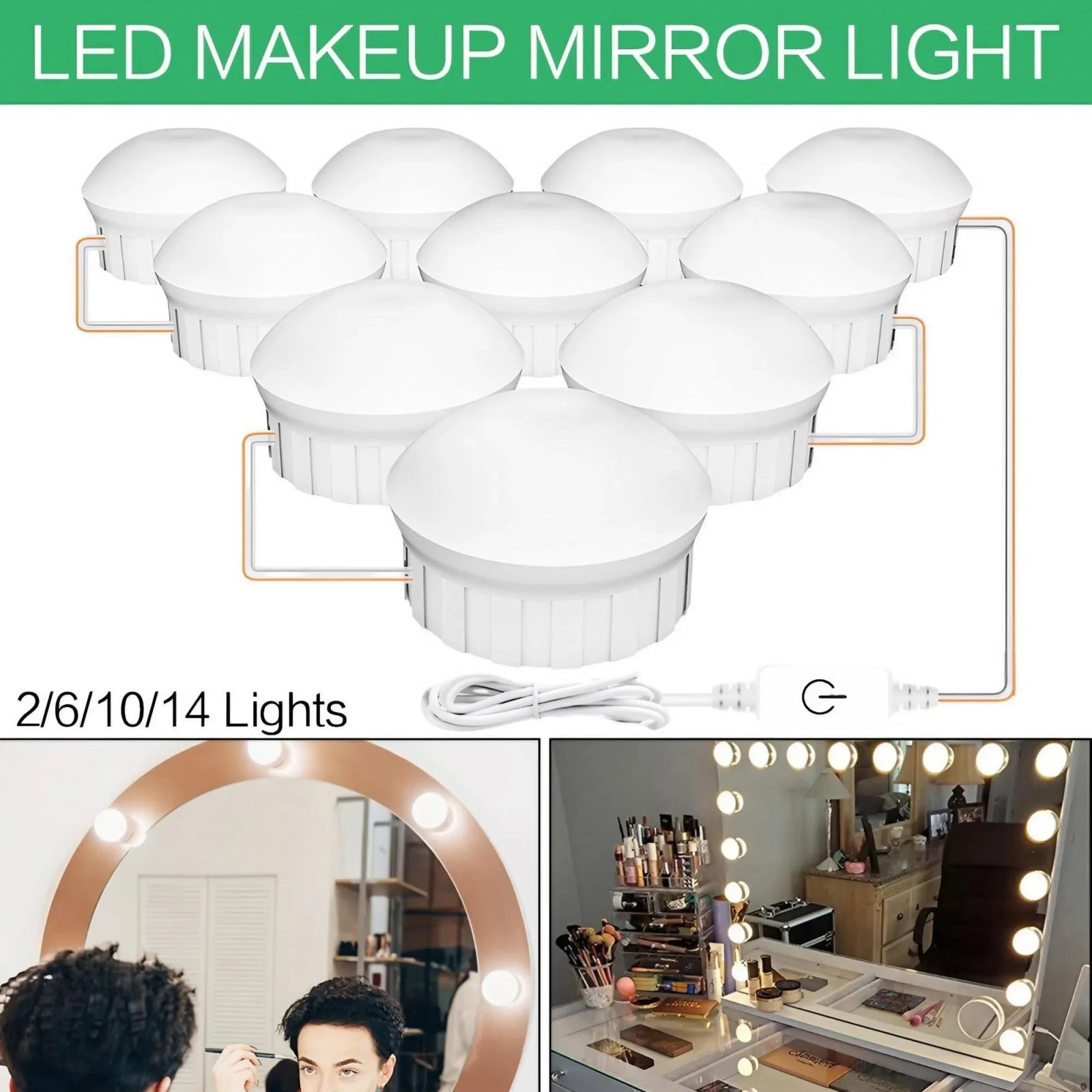 Multi Functional USB Touch LED Cosmetic Mirror Light Suction Cup for Dresser Bathroom Closet
