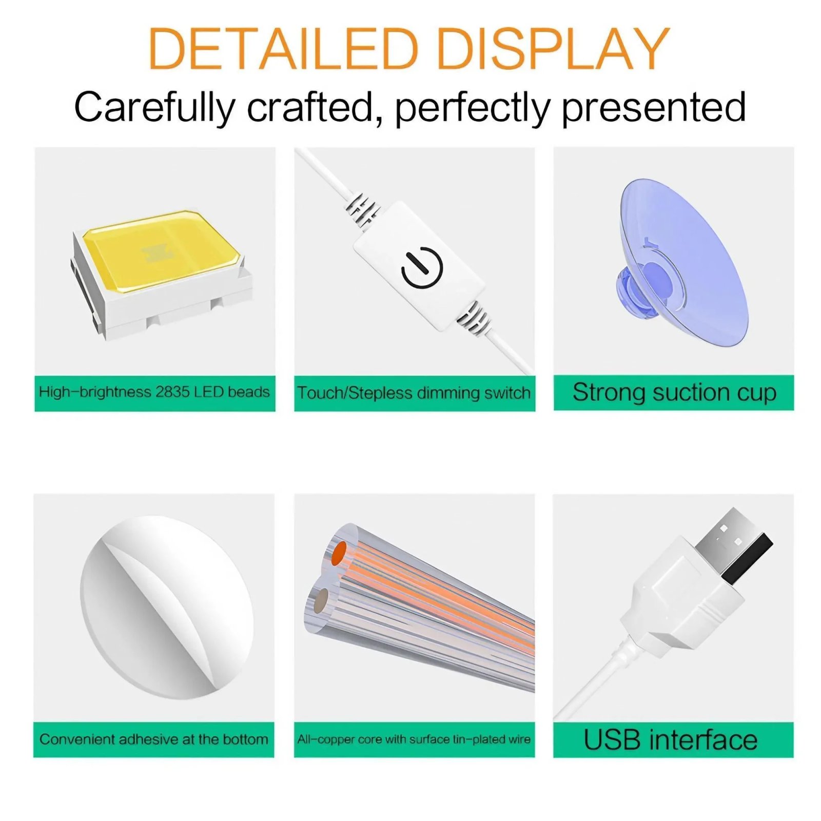 Multi Functional USB Touch LED Cosmetic Mirror Light Suction Cup for Dresser Bathroom Closet