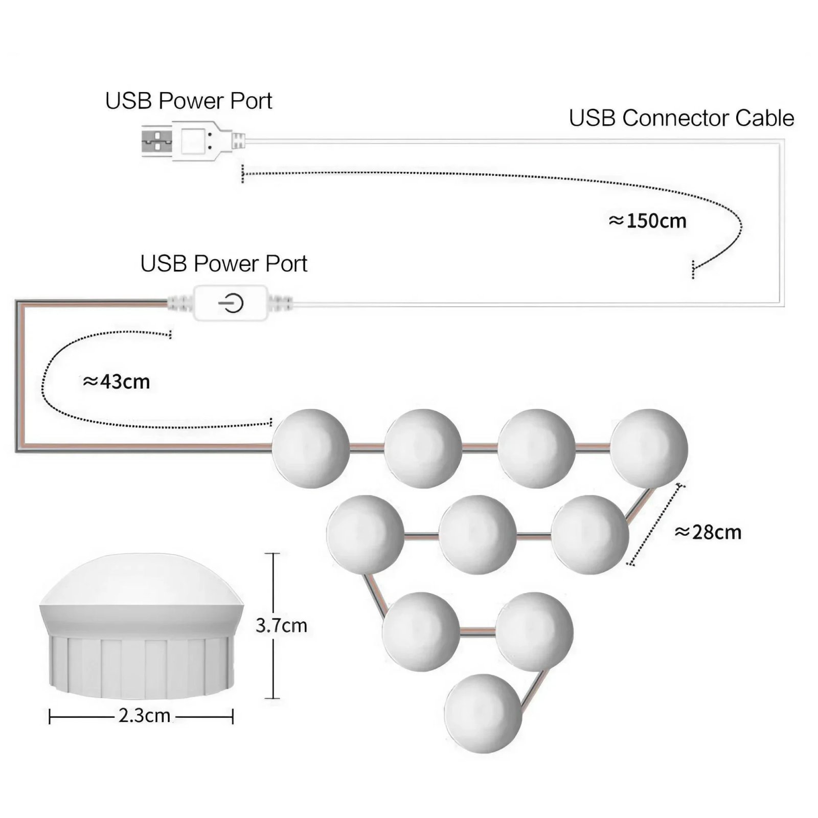 Multi Functional USB Touch LED Cosmetic Mirror Light Suction Cup for Dresser Bathroom Closet