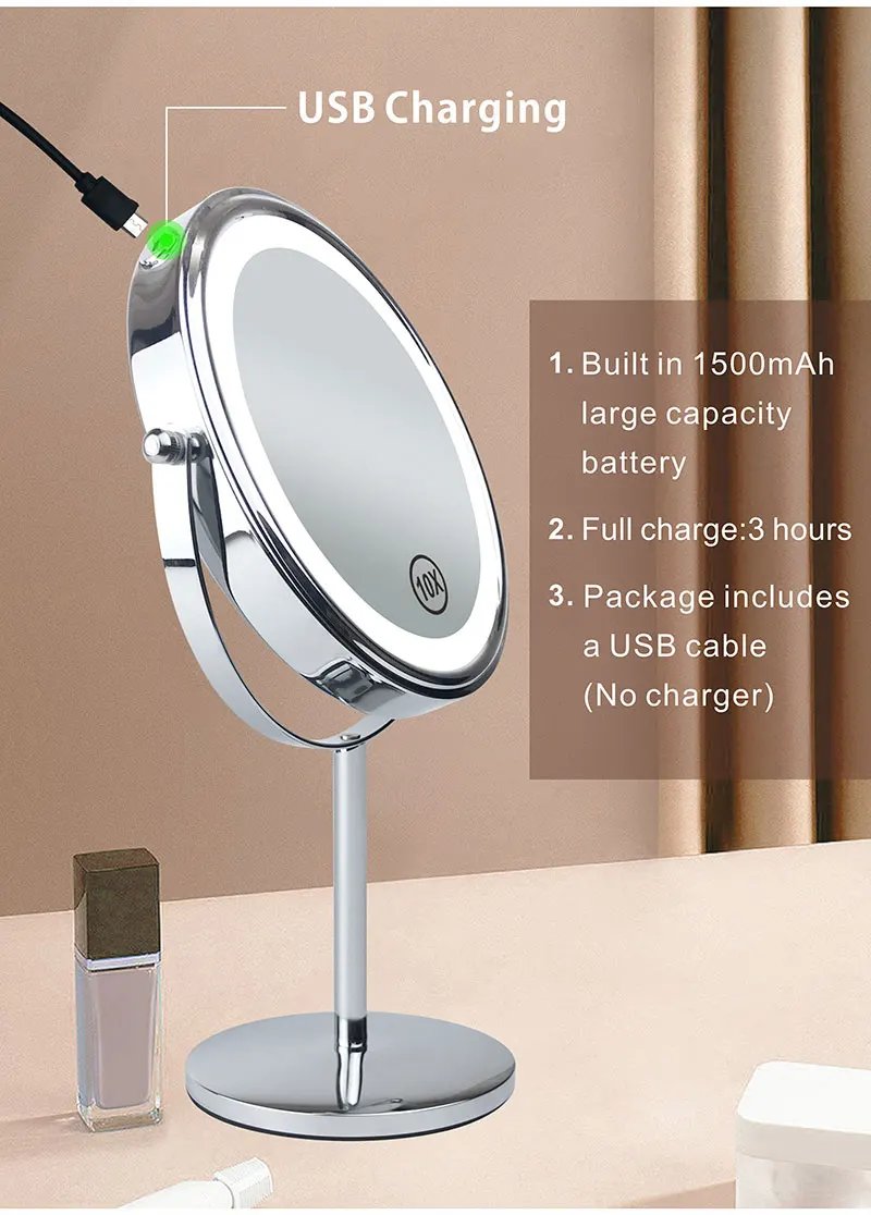 8 inch Makeup Mirror with LED 3 color Lights 5X7X10X Magnification Double Sided Vanity Mirror USB Charging Desktop table Mirrors