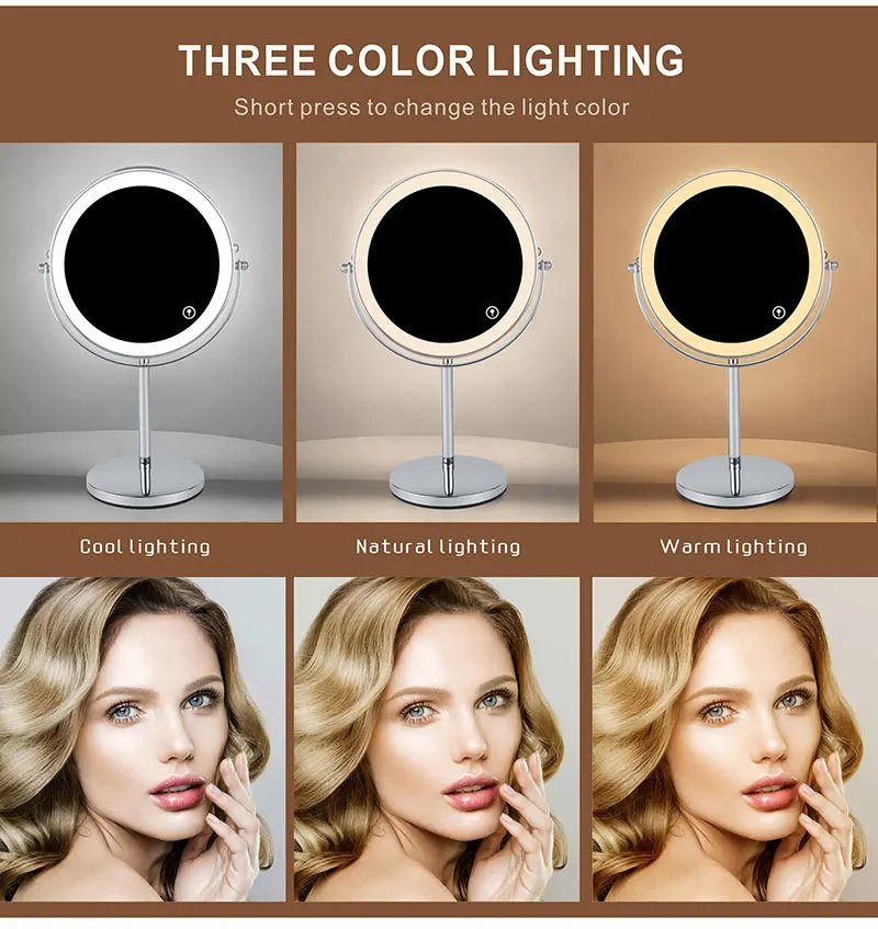 8 inch Makeup Mirror with LED 3 color Lights 5X7X10X Magnification Double Sided Vanity Mirror USB Charging Desktop table Mirrors
