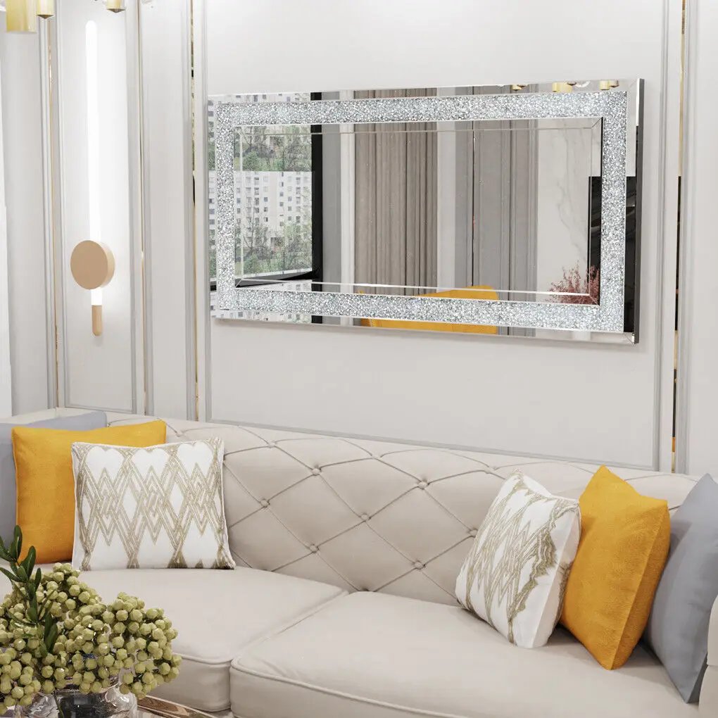 LUVODI Large Silver Sparkly Crystal Rhinestone Diamond Frameless Vanity Mirrors Wall Mounted Dressing Mirror for Home/Hotel