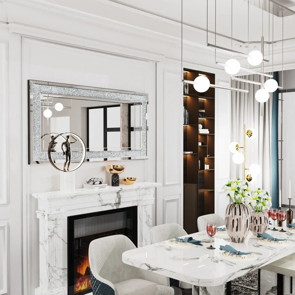 LUVODI Large Silver Sparkly Crystal Rhinestone Diamond Frameless Vanity Mirrors Wall Mounted Dressing Mirror for Home/Hotel