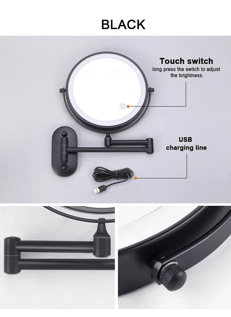 8 inch Makeup Mirror Matte Gold 3x/5x/7x/10x Magnifying Double Side USB Charging Bathroom 3 color light Cosmetic Mirrors