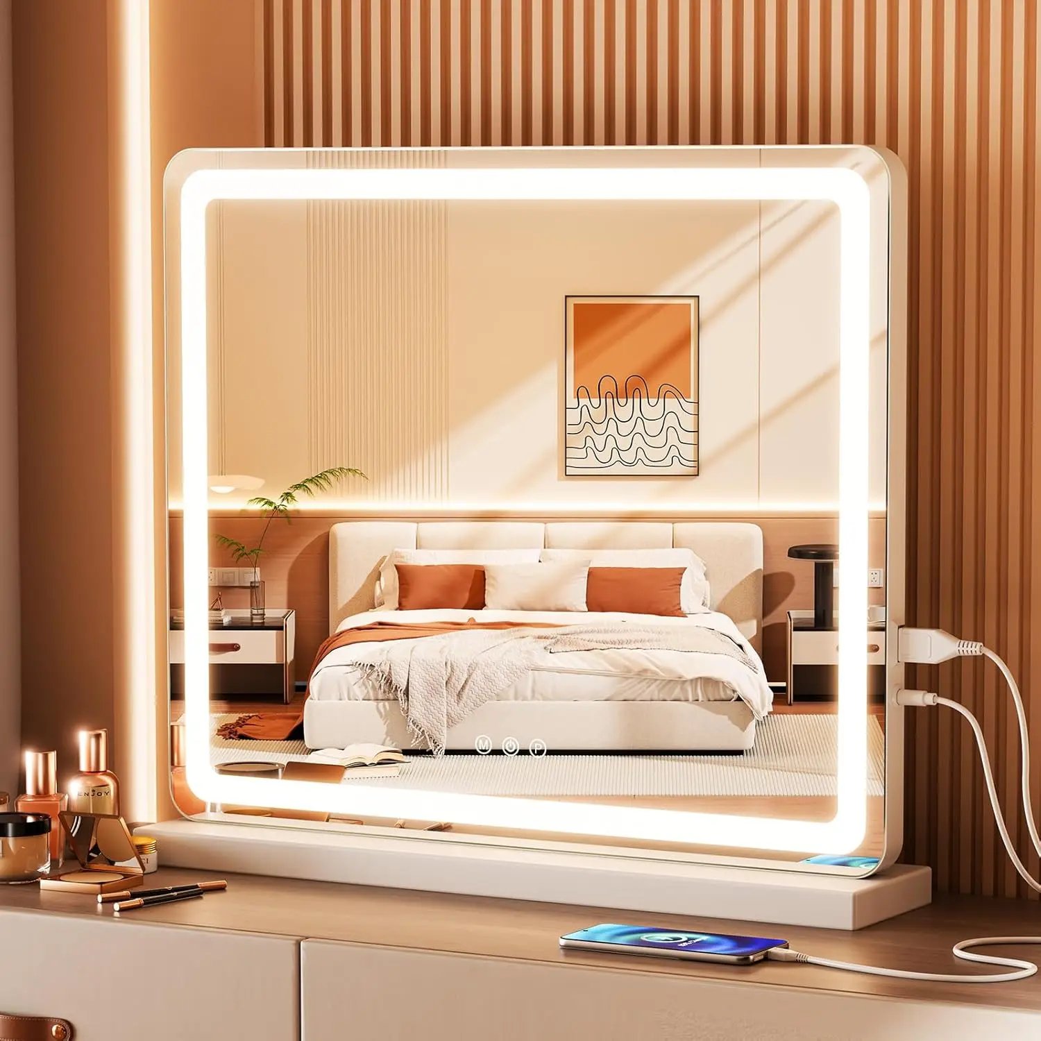 19x22 Inch LED Vanity Mirror with Dimmable Lights, 3 Color Modes, USB Charging & Memory Function for Makeup Desk