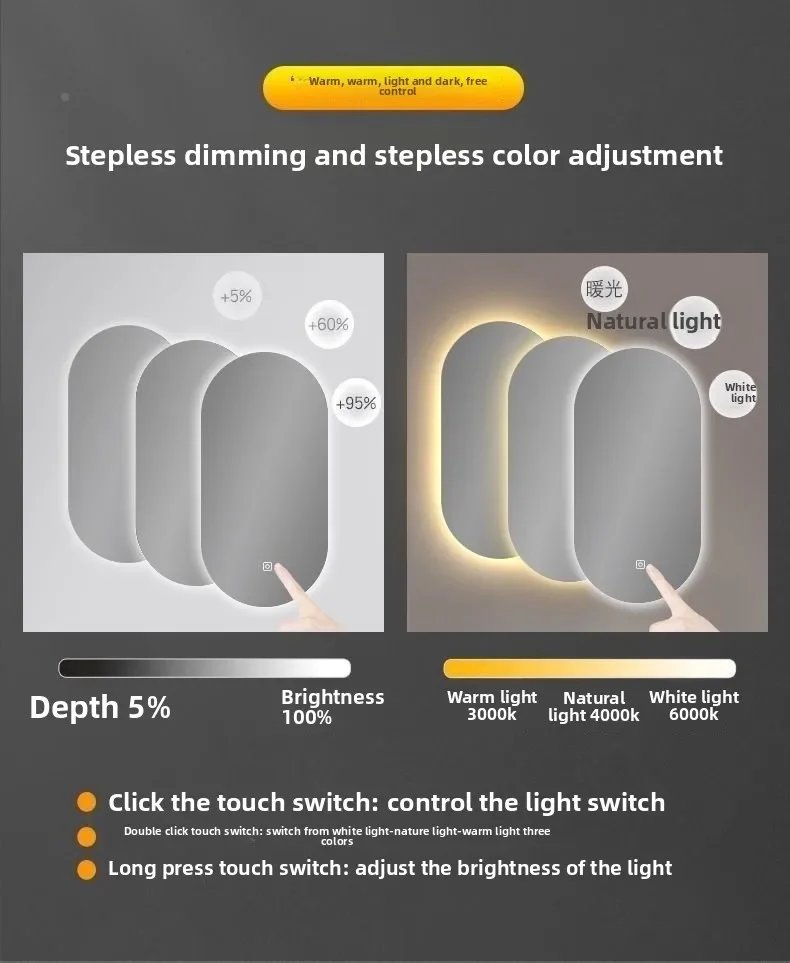 Oval Smart Mirror Defogging Bathroom Mirror with Light Led Vanity Mirror Wall Hanging Full Body Mirror Shower Mirror Spiegel