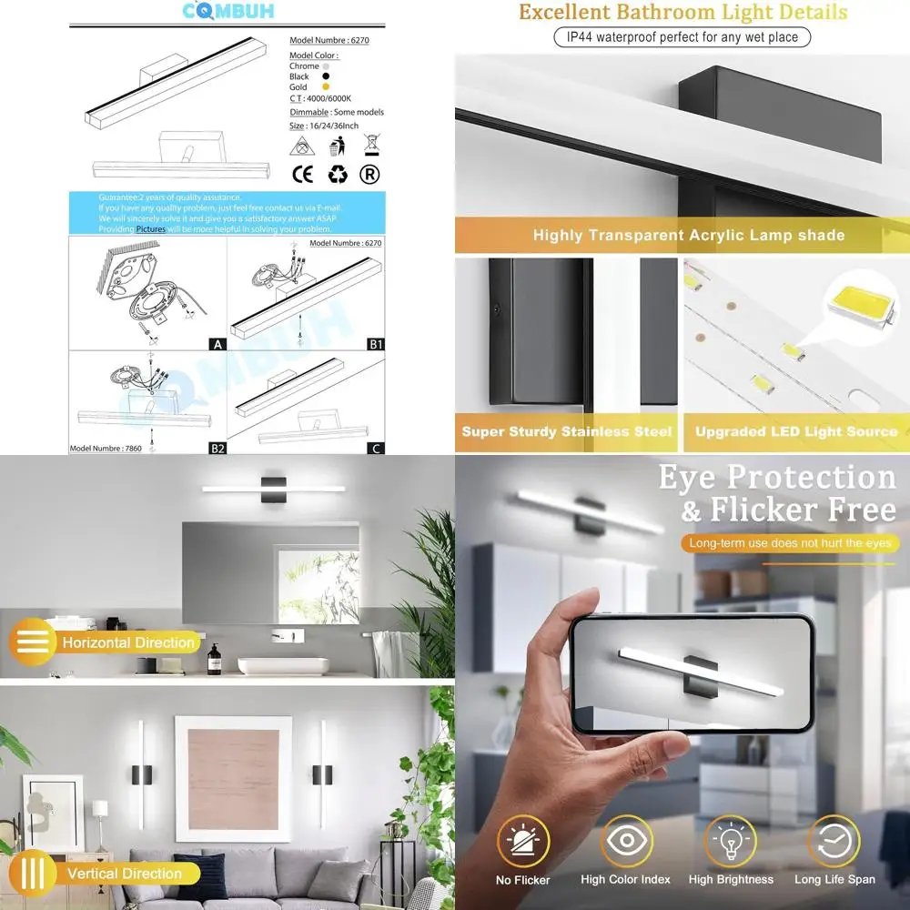 24 Modern Black LED Vanity Light Bar, 14W, IP44, 6000K Cool White for Bathroom Mirror