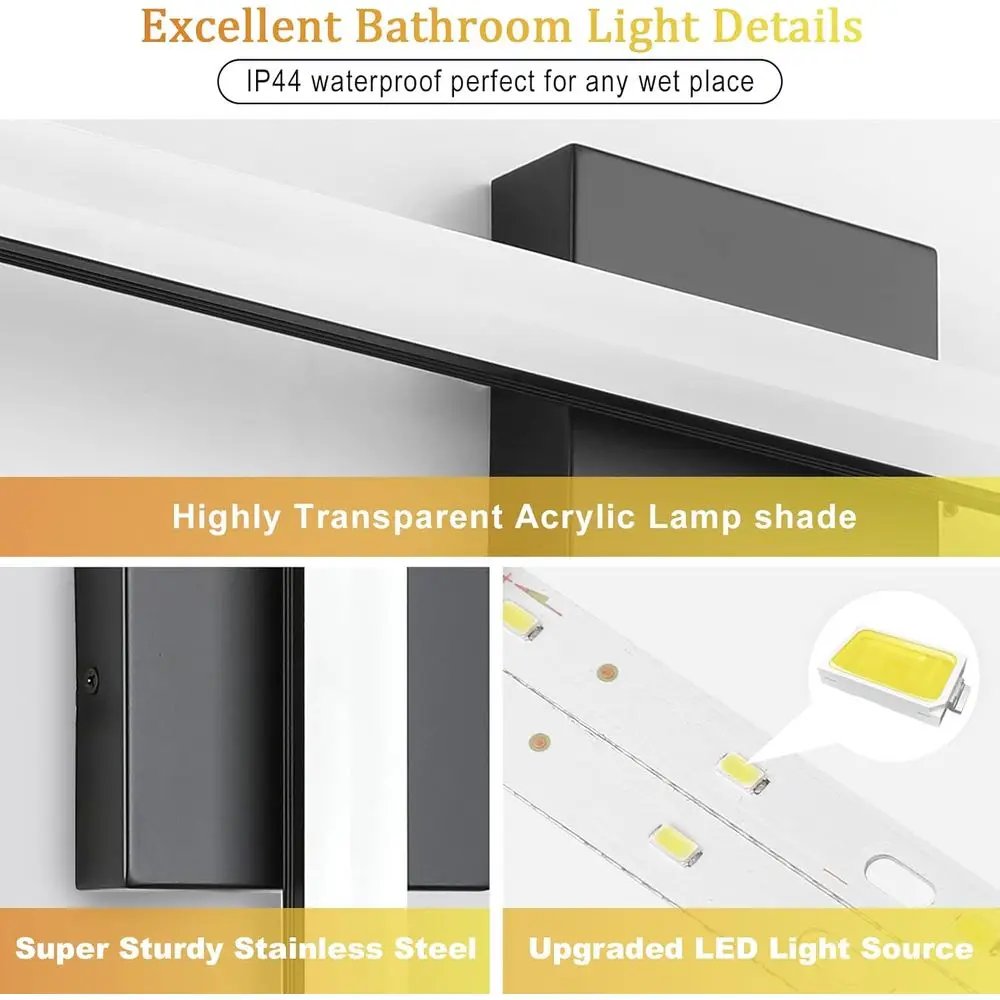 24 Modern Black LED Vanity Light Bar, 14W, IP44, 6000K Cool White for Bathroom Mirror