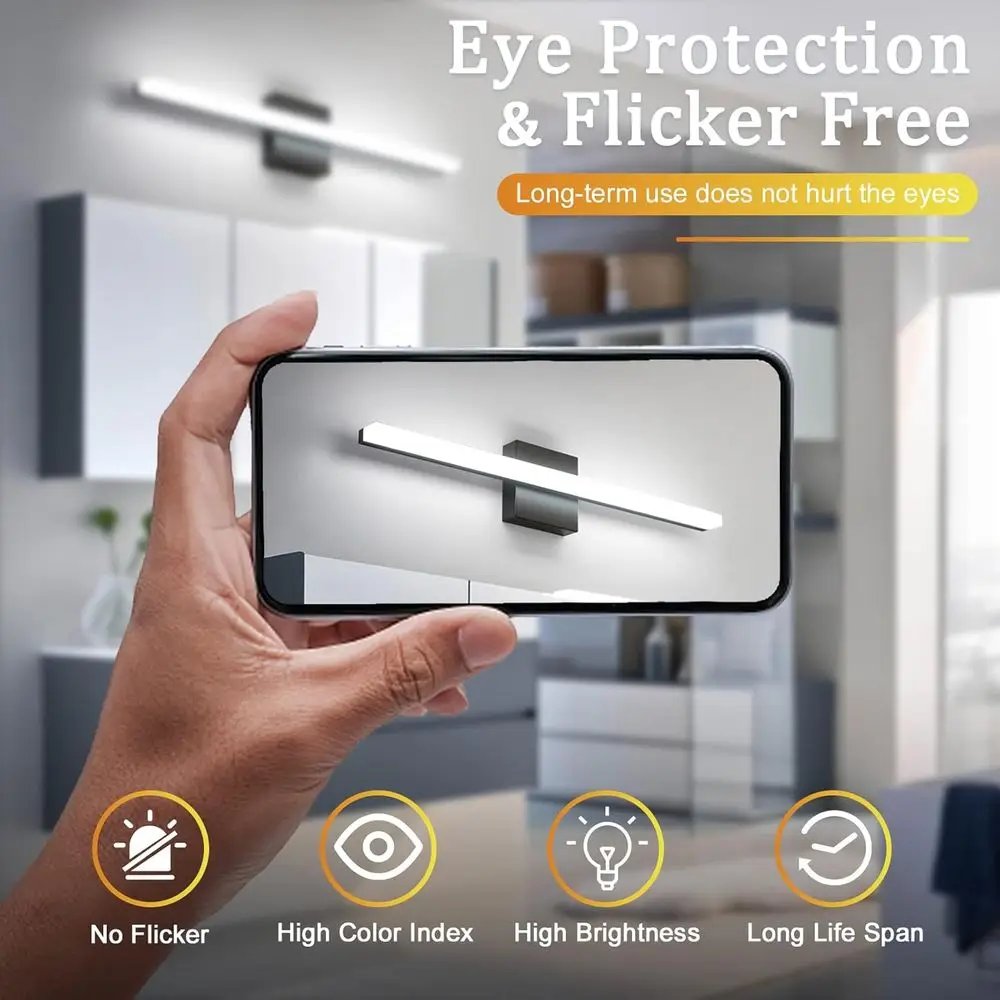 24 Modern Black LED Vanity Light Bar, 14W, IP44, 6000K Cool White for Bathroom Mirror