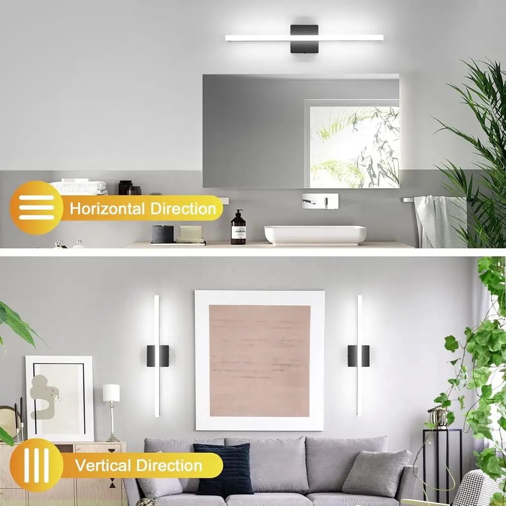 24 Modern Black LED Vanity Light Bar, 14W, IP44, 6000K Cool White for Bathroom Mirror