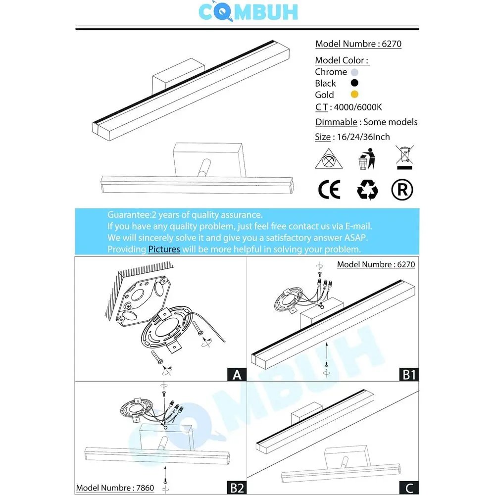 24 Modern Black LED Vanity Light Bar, 14W, IP44, 6000K Cool White for Bathroom Mirror