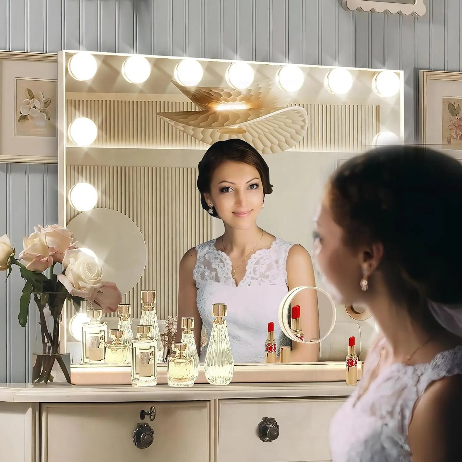 15-LED Vanity Mirror with Dimmable Lights, 3 Color Modes, Magnifying Glass & USB Port for Makeup (23x18 Inch)