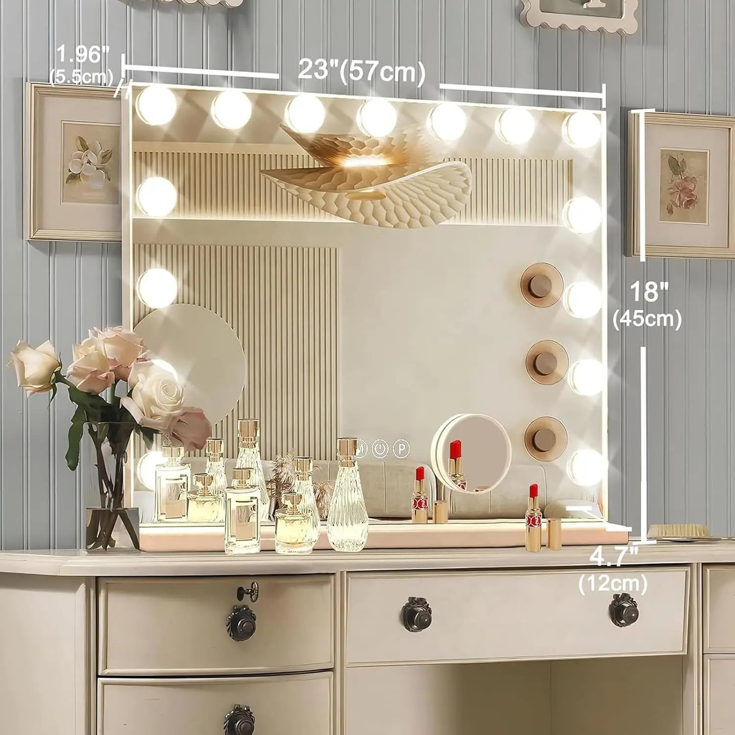 15-LED Vanity Mirror with Dimmable Lights, 3 Color Modes, Magnifying Glass & USB Port for Makeup (23x18 Inch)
