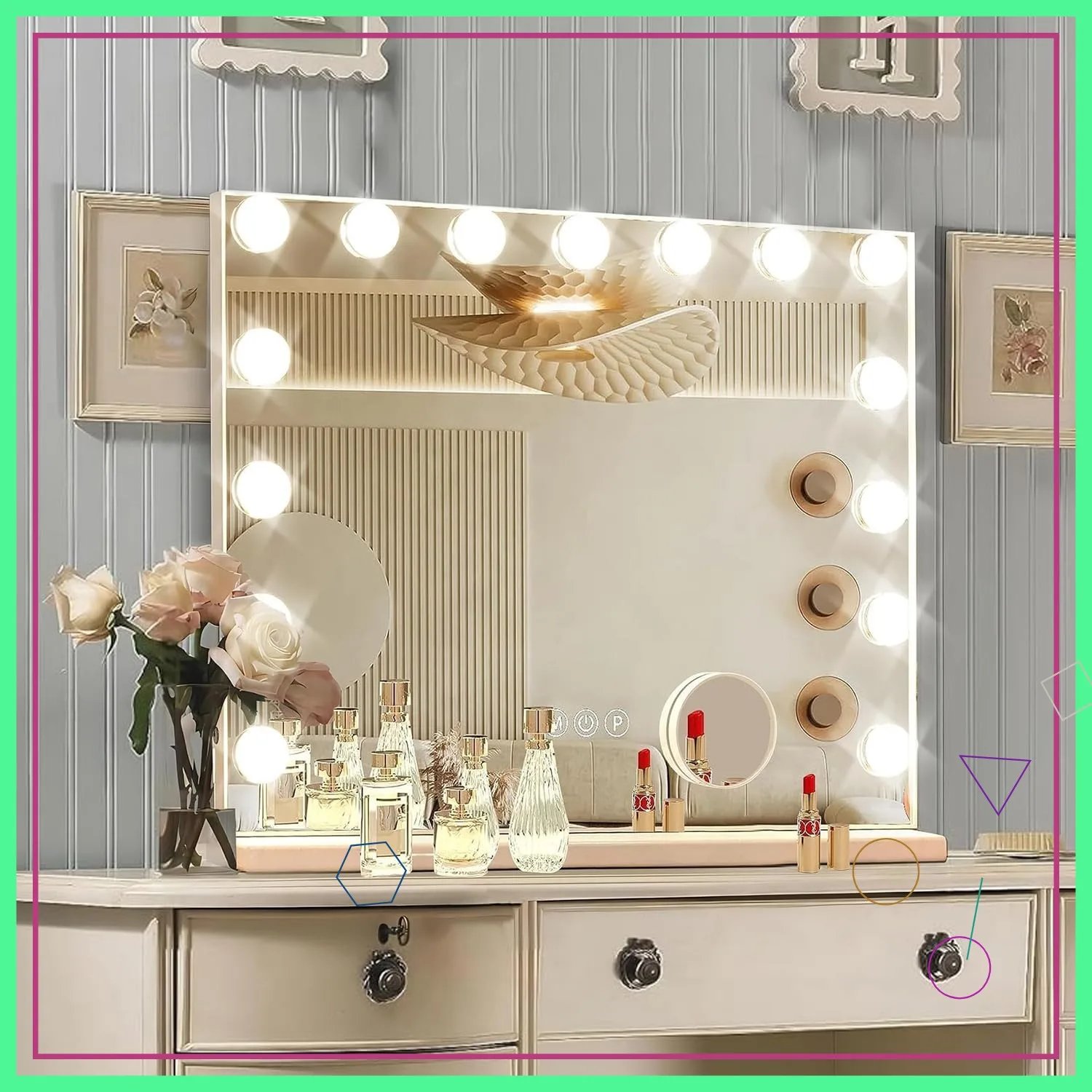 15-LED Vanity Mirror with Dimmable Lights, 3 Color Modes, Magnifying Glass & USB Port for Makeup (23x18 Inch)