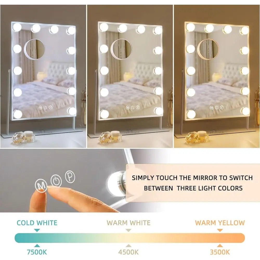 Hollywood Vanity Mirror with Smart Touch, 3-Color Dimmable Lights, 10X Magnification, 360° Swivel (White)