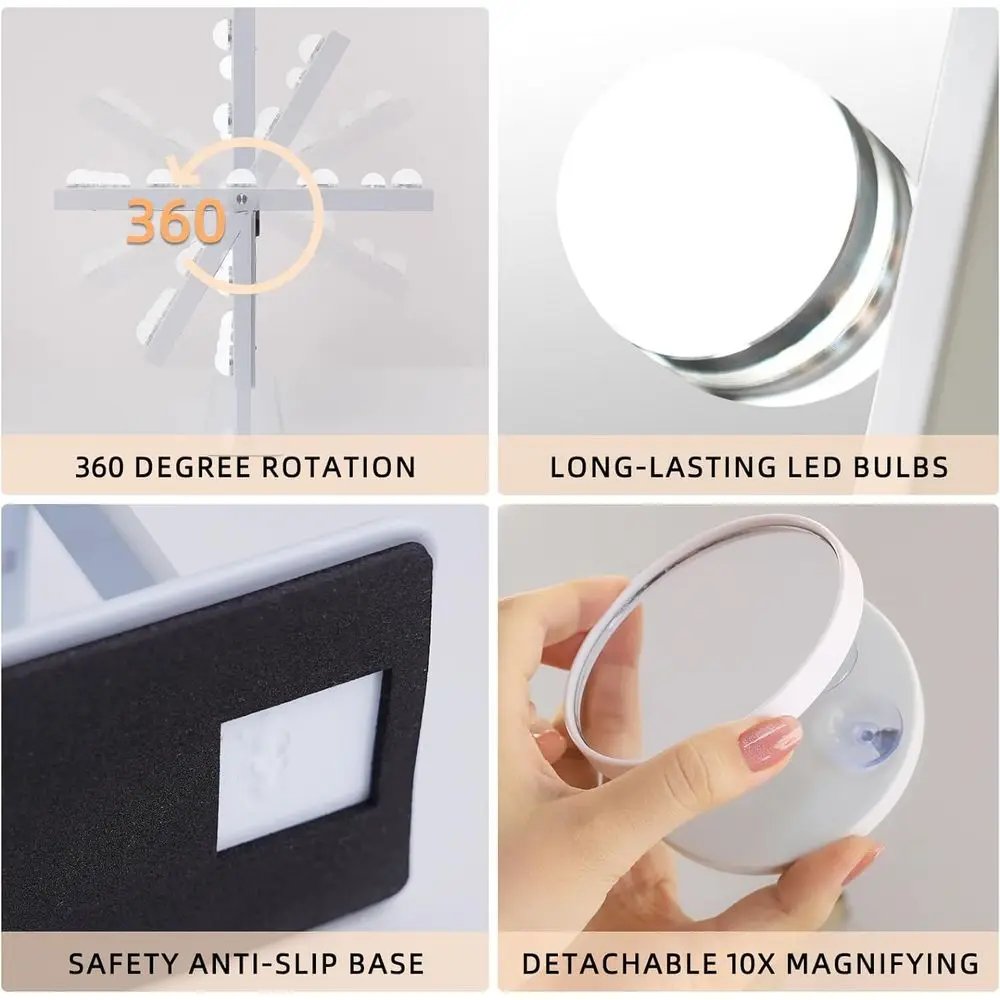 Hollywood Vanity Mirror with Smart Touch, 3-Color Dimmable Lights, 10X Magnification, 360° Swivel (White)