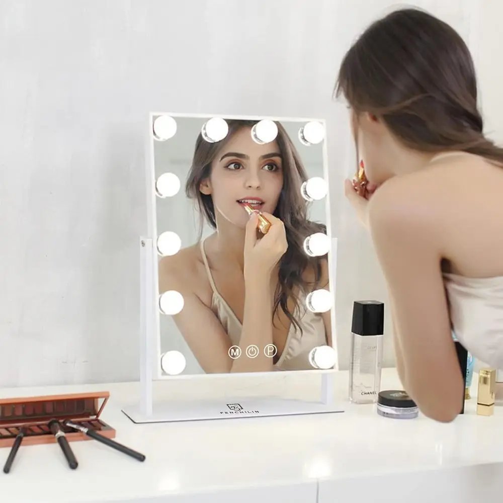 Hollywood Vanity Mirror with Smart Touch, 3-Color Dimmable Lights, 10X Magnification, 360° Swivel (White)