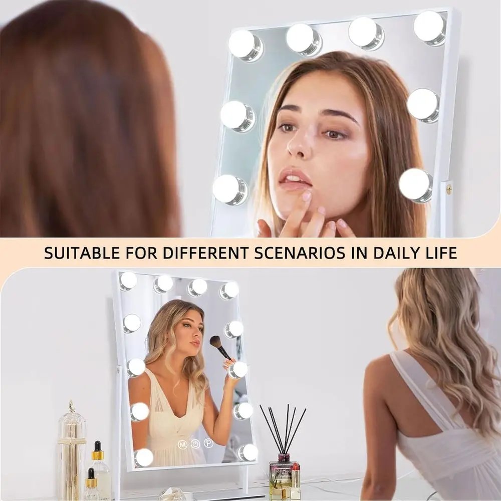 Hollywood Vanity Mirror with Smart Touch, 3-Color Dimmable Lights, 10X Magnification, 360° Swivel (White)