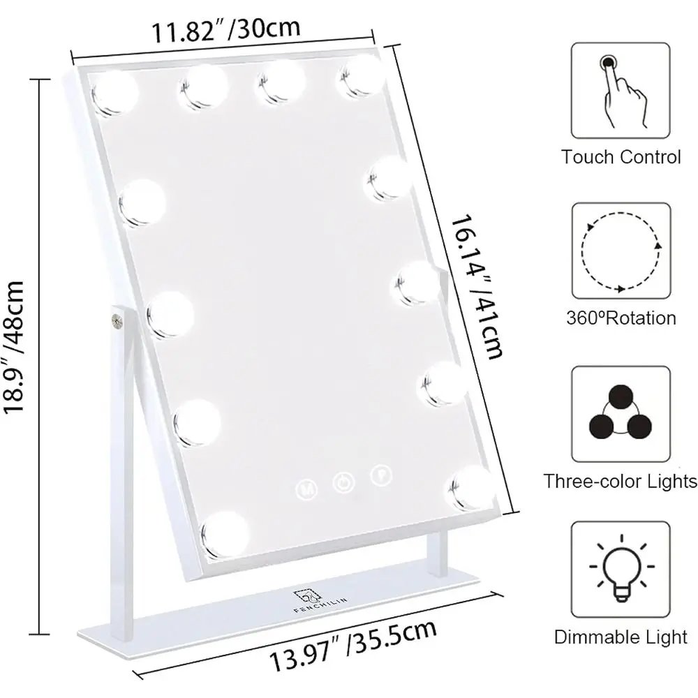 Hollywood Vanity Mirror with Smart Touch, 3-Color Dimmable Lights, 10X Magnification, 360° Swivel (White)