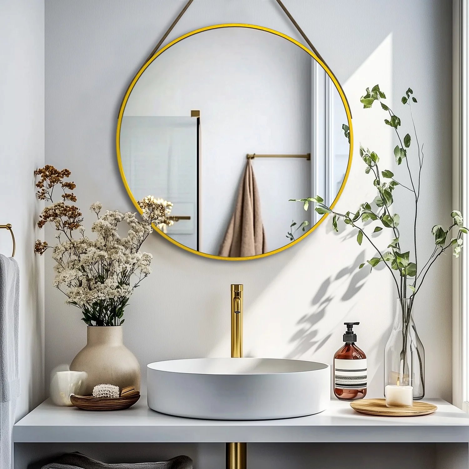 Black/Gold Round Mirror Wall Circle Vanity Mirror with Brushed Aluminum and Leather Strap for Entryway, Bathroom 60/70/80CM