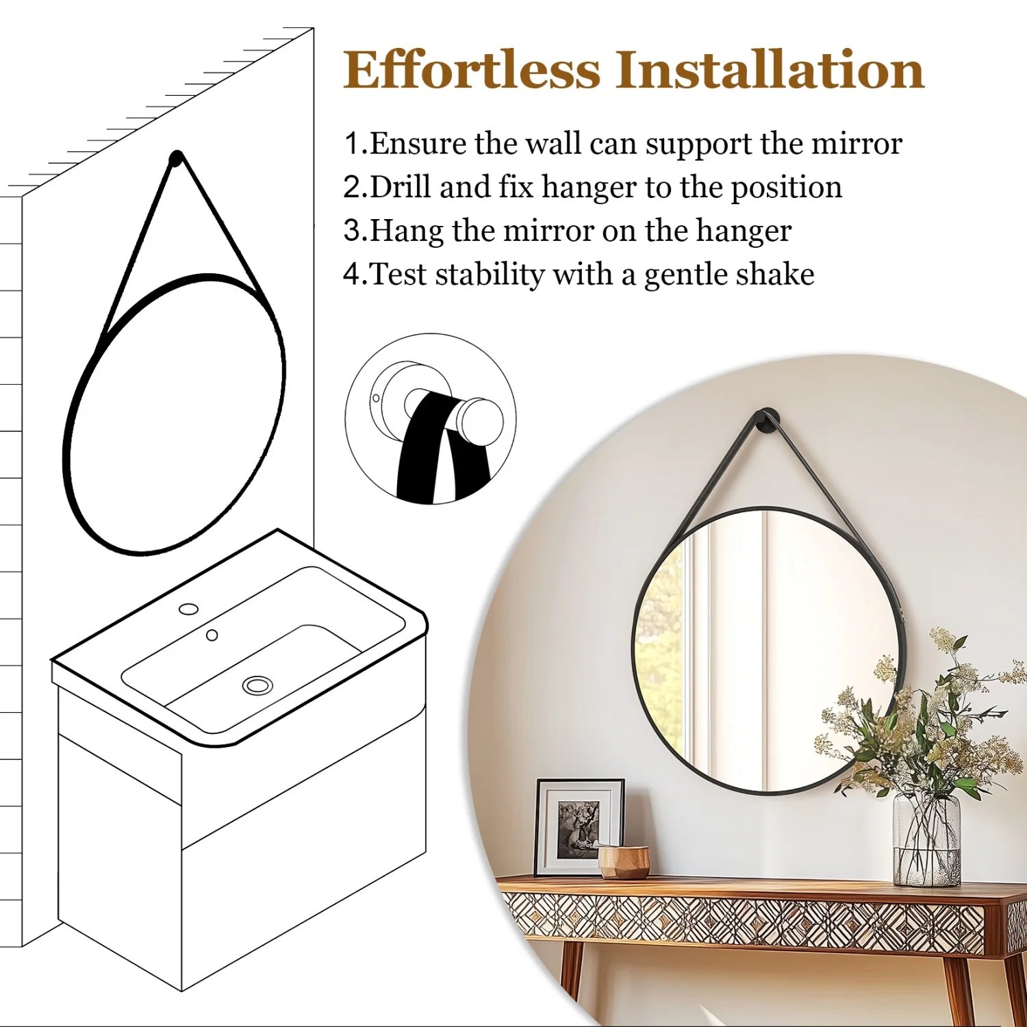 Black/Gold Round Mirror Wall Circle Vanity Mirror with Brushed Aluminum and Leather Strap for Entryway, Bathroom 60/70/80CM