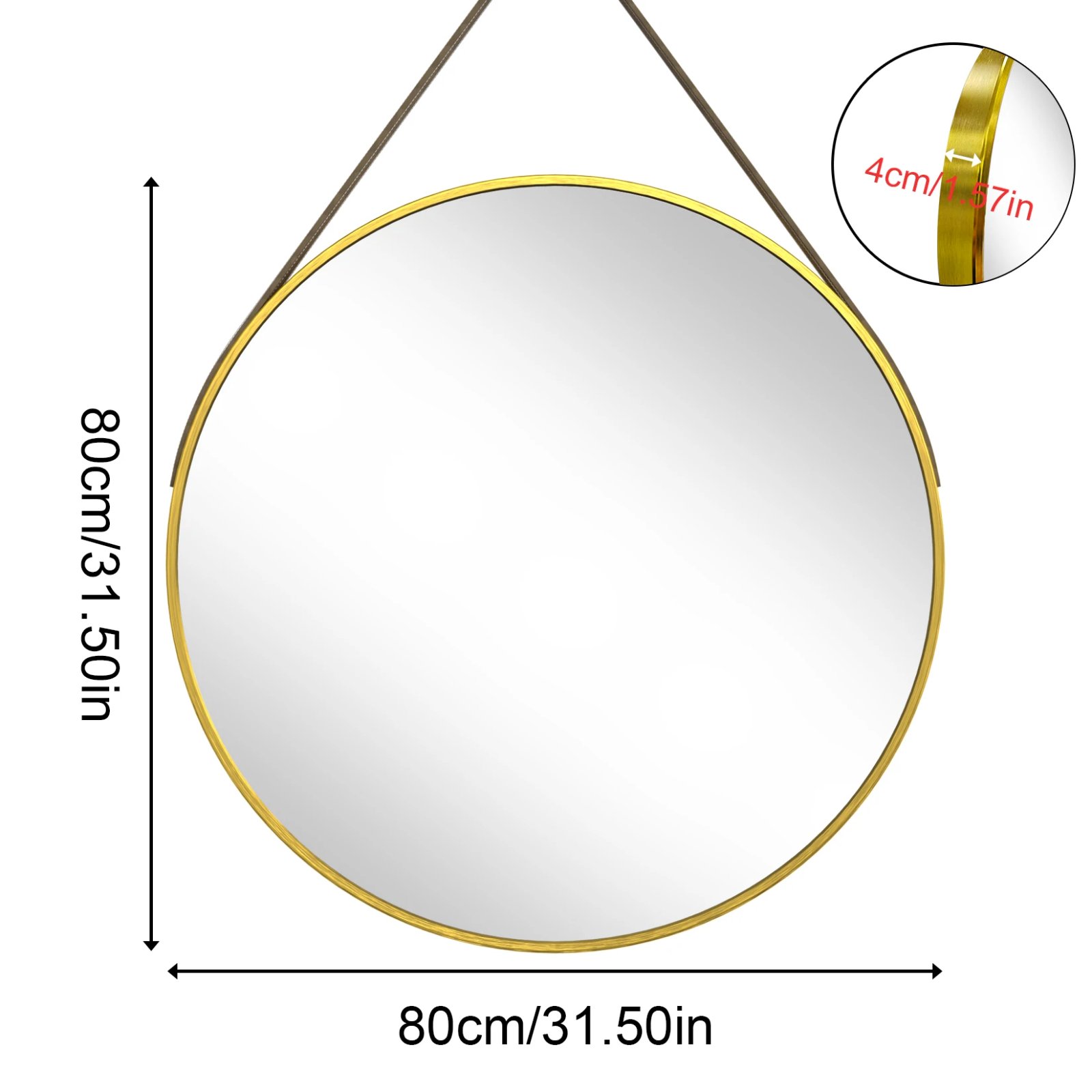 Black/Gold Round Mirror Wall Circle Vanity Mirror with Brushed Aluminum and Leather Strap for Entryway, Bathroom 60/70/80CM