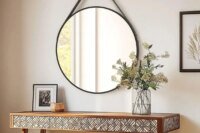 Black/Gold Round Mirror Wall Circle Vanity Mirror with Brushed Aluminum and Leather Strap for Entryway, Bathroom 60/70/80CM