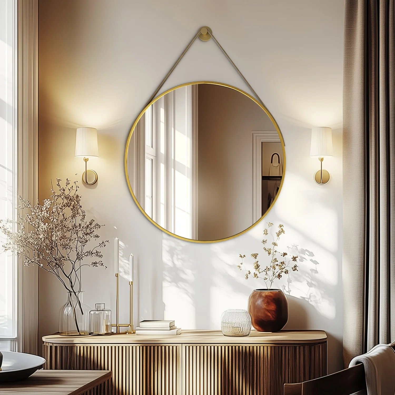 Black/Gold Round Mirror Wall Circle Vanity Mirror with Brushed Aluminum and Leather Strap for Entryway, Bathroom 60/70/80CM