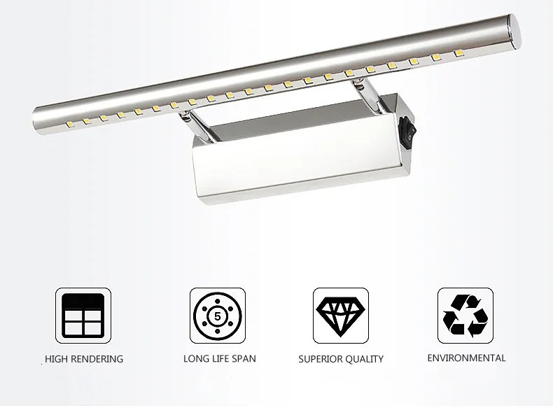 Led Wall Light 25CM AC85V-265V Wall Mounted Wall Lamp Bathroom Mirror Light Fixture Sconce Black Silver  Luxury Stainless