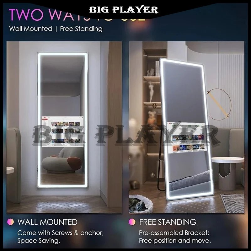 Vertical Smart Mirror Touch Screen Bathroom Vanity Waterproof Tempered Glass Rectangle Mirror with Apps LED Lighting Makeup
