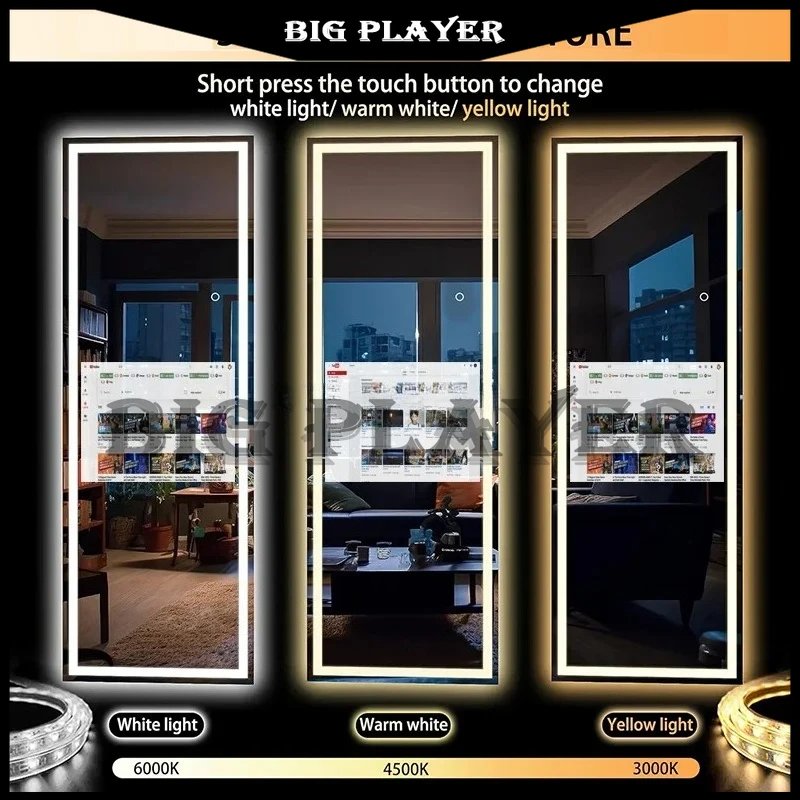 Vertical Smart Mirror Touch Screen Bathroom Vanity Waterproof Tempered Glass Rectangle Mirror with Apps LED Lighting Makeup