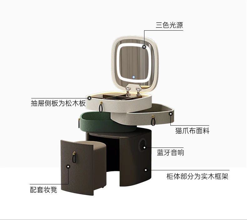 Lights Mirror Vanity Table Jewelry Bluetooth Charging Girl Makeup Bedroom Dressers Drawers Cabinet Set Coiffeuse Furniture Home