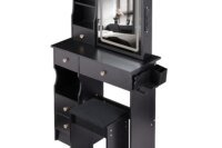 Left Drawer Desktop Vanity Table + Cushioned Stool Hair dryer bracket Touch Control Sliding LED Mirror Tri-color Switching