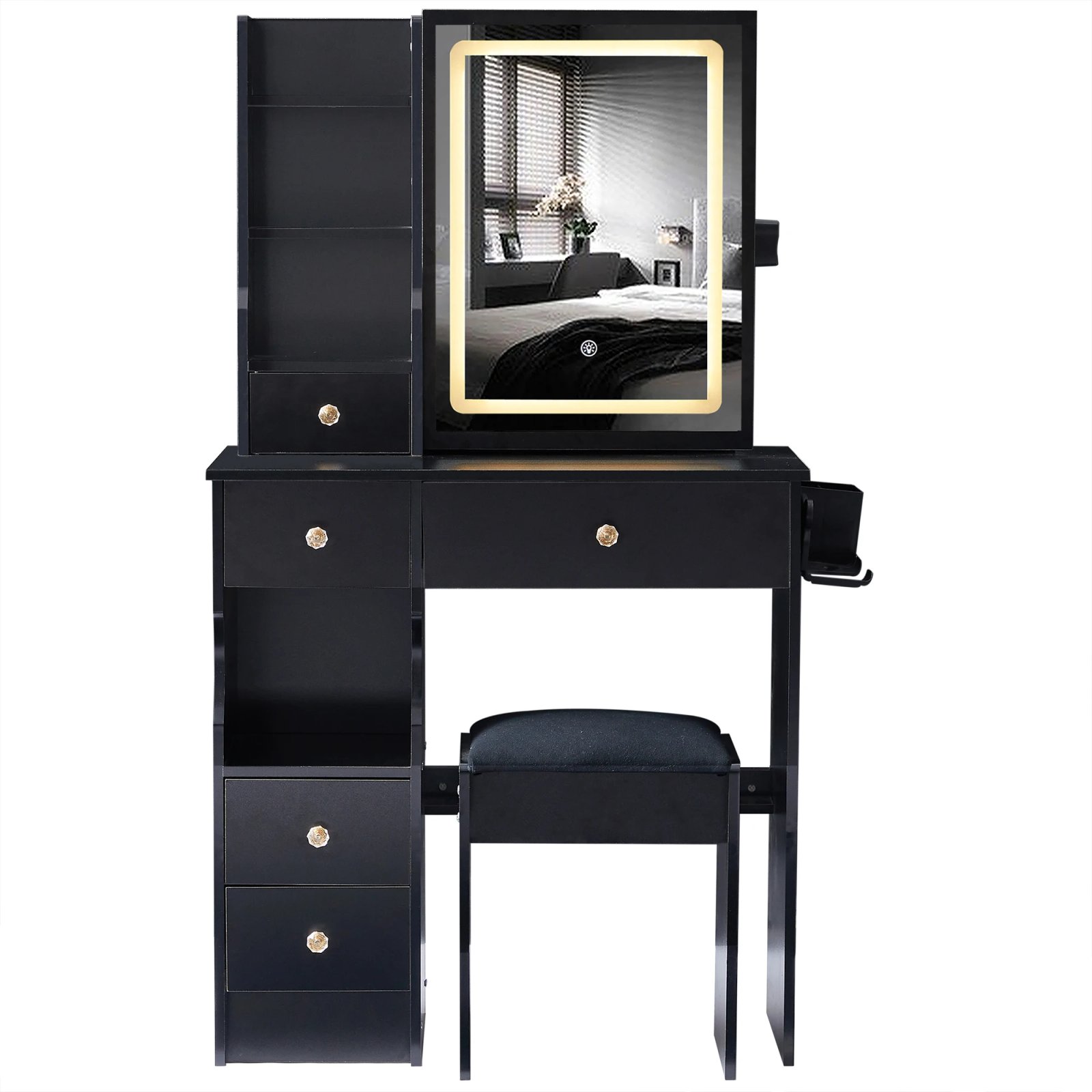 Left Drawer Desktop Vanity Table + Cushioned Stool Hair dryer bracket Touch Control Sliding LED Mirror Tri-color Switching