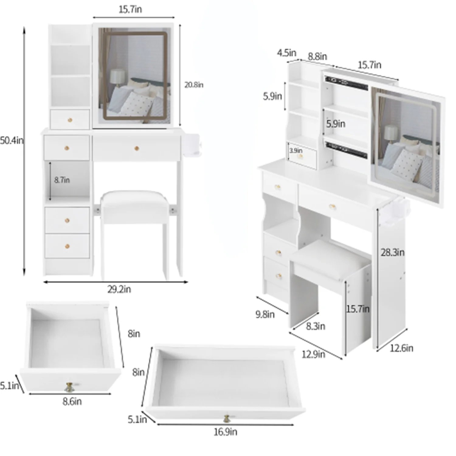 Left Drawer Desktop Vanity Table + Cushioned Stool Hair dryer bracket Touch Control Sliding LED Mirror Tri-color Switching