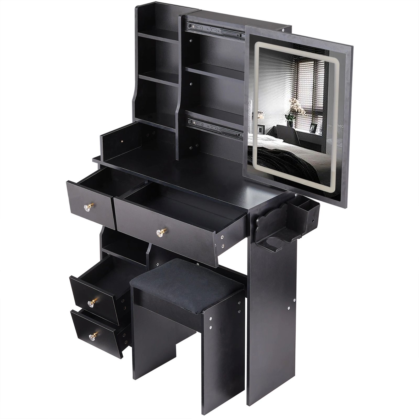 Left Drawer Desktop Vanity Table + Cushioned Stool Hair dryer bracket Touch Control Sliding LED Mirror Tri-color Switching