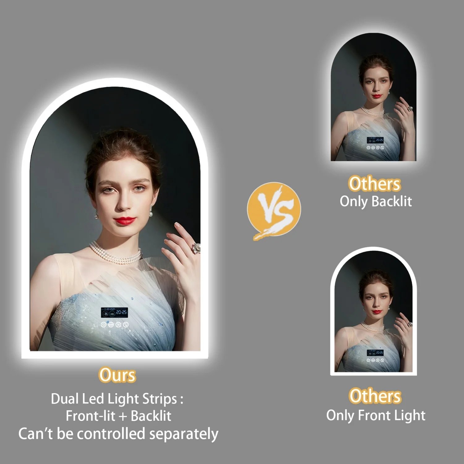 60x90CM Arched LED Mirror for Bathroom Backlight Wall Vanity Mirror w/ Bluetooth, Date and Time, Touch Antifog, Digital Display