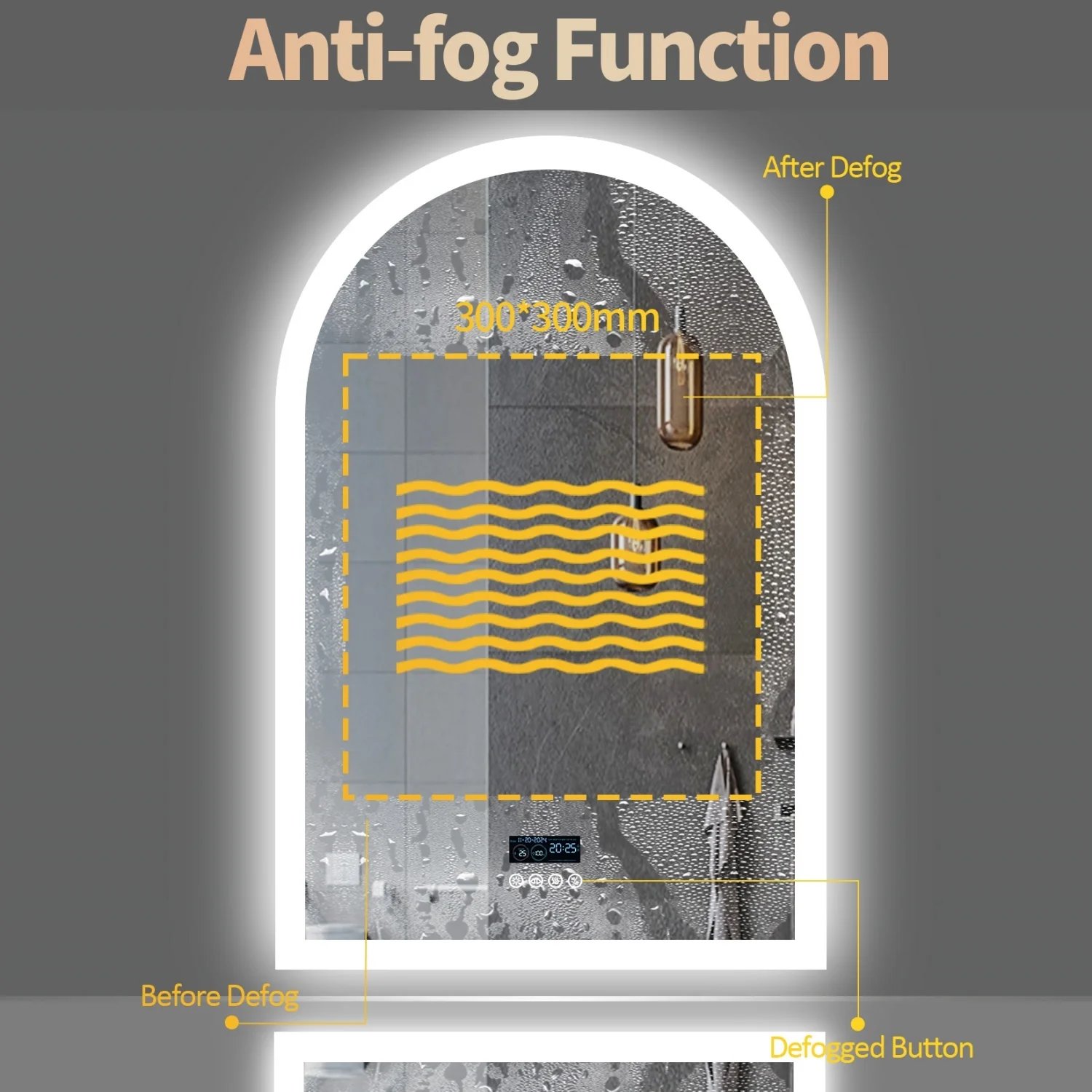 60x90CM Arched LED Mirror for Bathroom Backlight Wall Vanity Mirror w/ Bluetooth, Date and Time, Touch Antifog, Digital Display