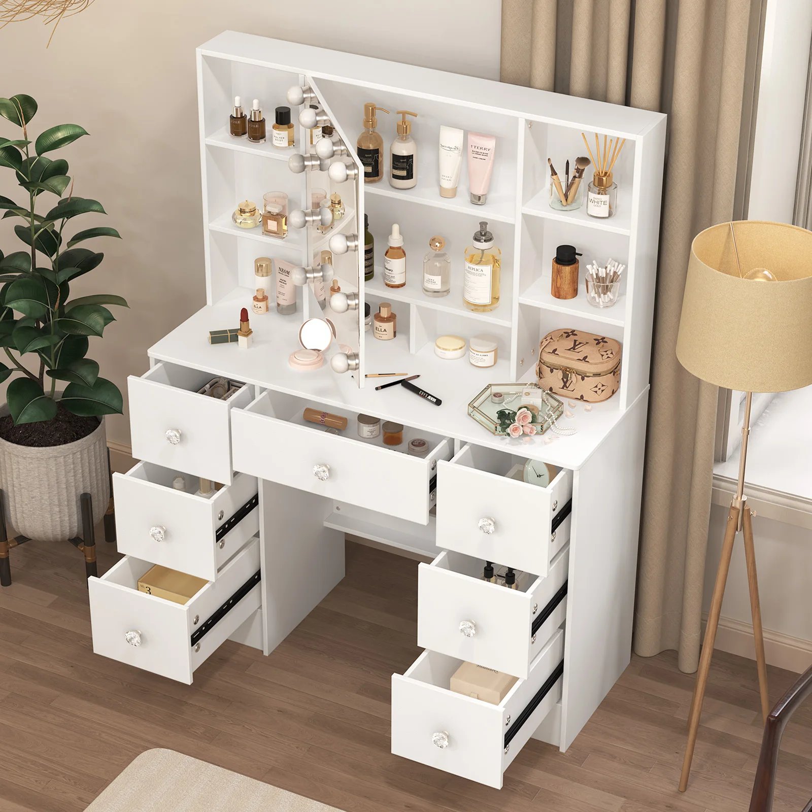 Refined Oak Makeup Vanity with LED-Lit Mirror – Touch-Adjustable Light & Spacious Shelves