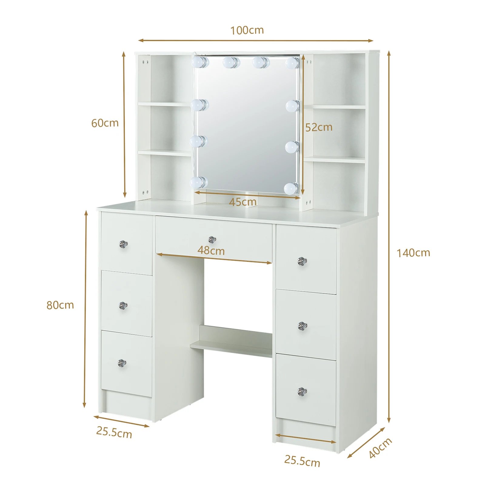Refined Oak Makeup Vanity with LED-Lit Mirror – Touch-Adjustable Light & Spacious Shelves