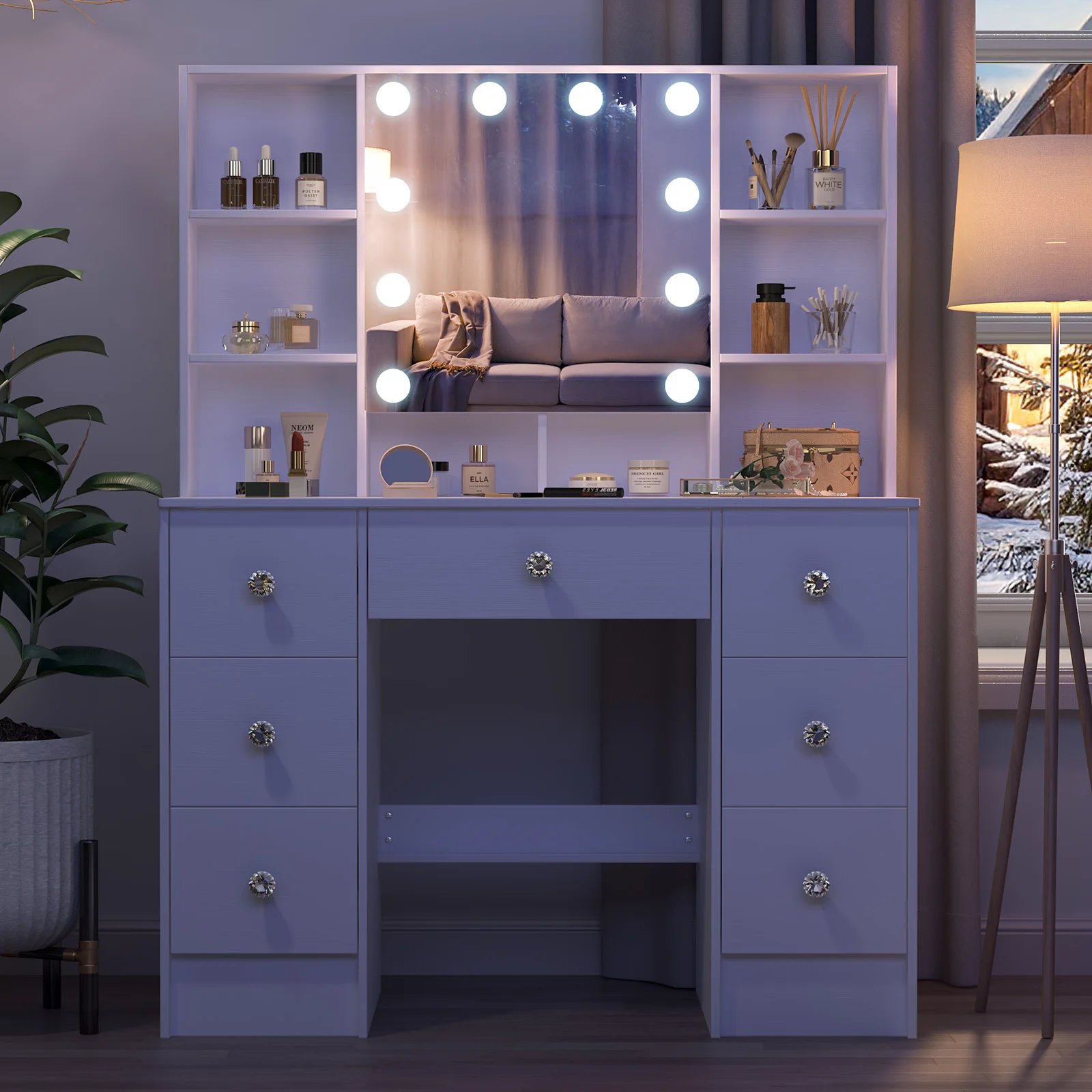 Refined Oak Makeup Vanity with LED-Lit Mirror – Touch-Adjustable Light & Spacious Shelves