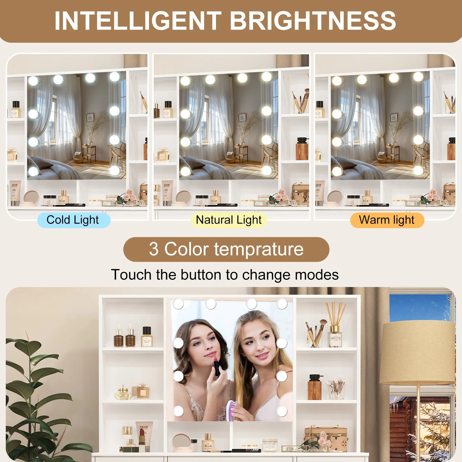 Refined Oak Makeup Vanity with LED-Lit Mirror – Touch-Adjustable Light & Spacious Shelves