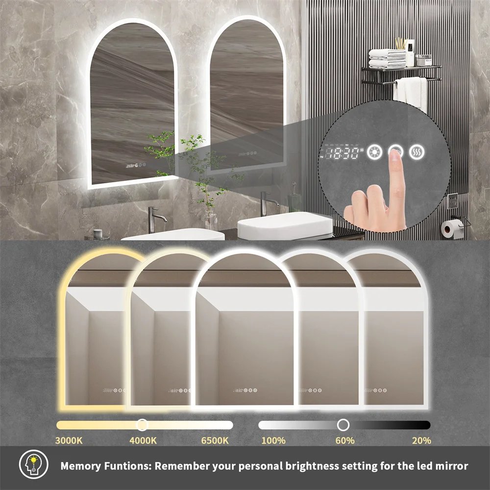 LUVODI Arched Illuminate Backlit Bathroom Mirror Smart Touch Screen Vanity Mirror with LED Light,Time and Temperature Display
