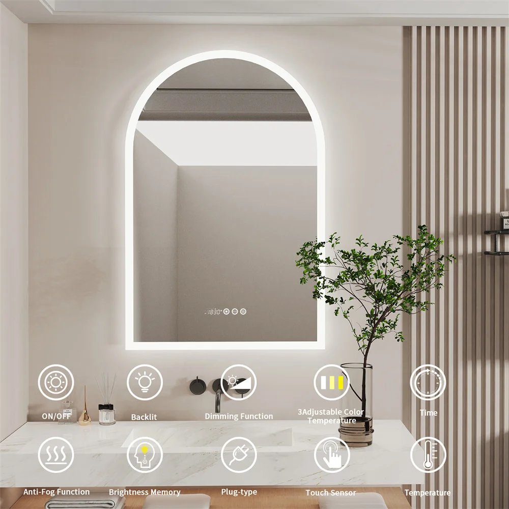 LUVODI Arched Illuminate Backlit Bathroom Mirror Smart Touch Screen Vanity Mirror with LED Light,Time and Temperature Display