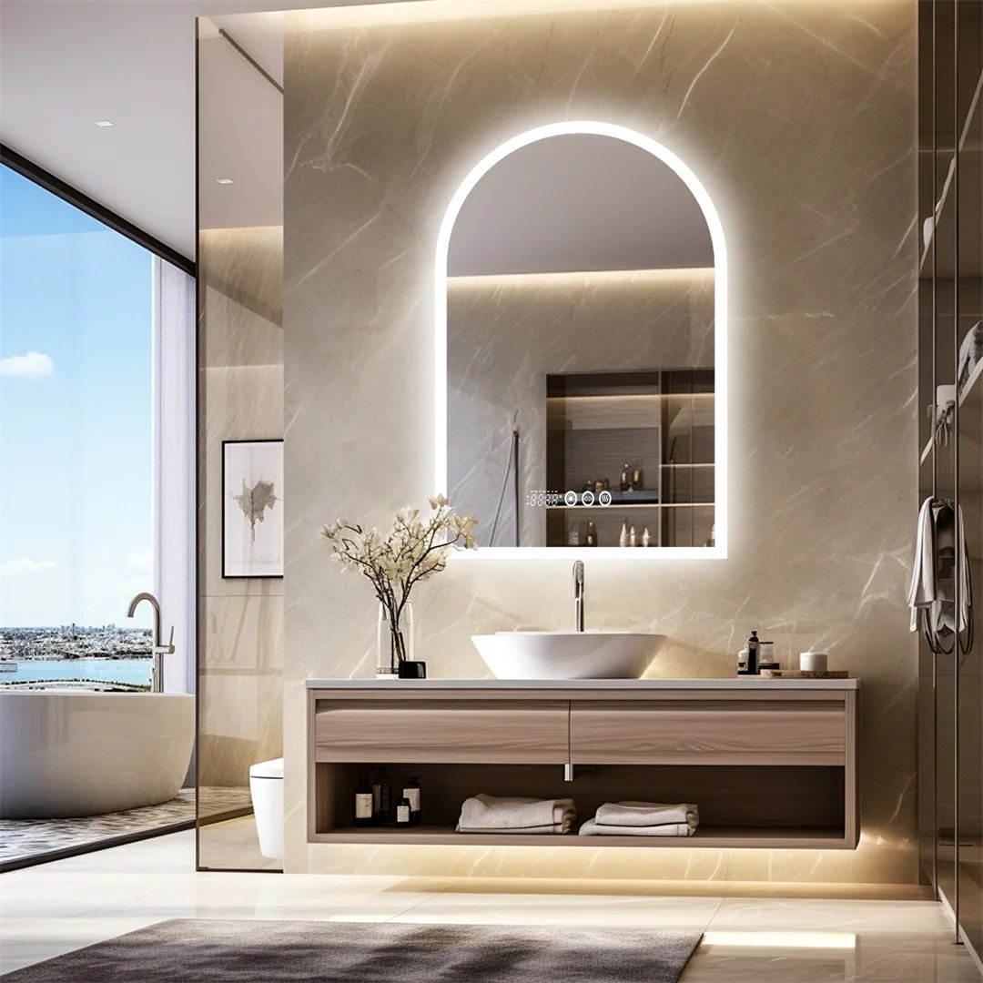 LUVODI Arched Illuminate Backlit Bathroom Mirror Smart Touch Screen Vanity Mirror with LED Light,Time and Temperature Display