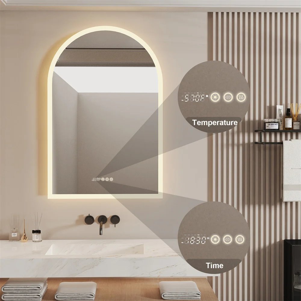LUVODI Arched Illuminate Backlit Bathroom Mirror Smart Touch Screen Vanity Mirror with LED Light,Time and Temperature Display