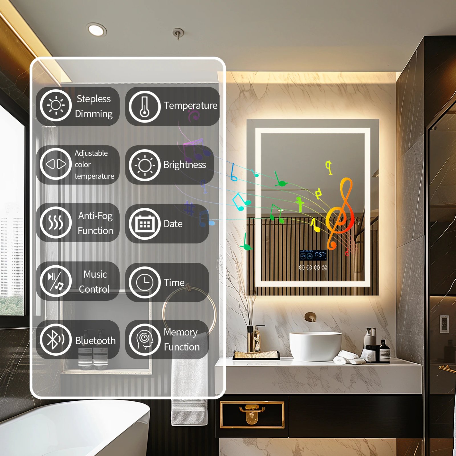 Square LED Lighted Bathroom Mirror with Bluetooth Speaker Smart Wall Vanity Mirror Front-lit and Backlight Touch Antifog