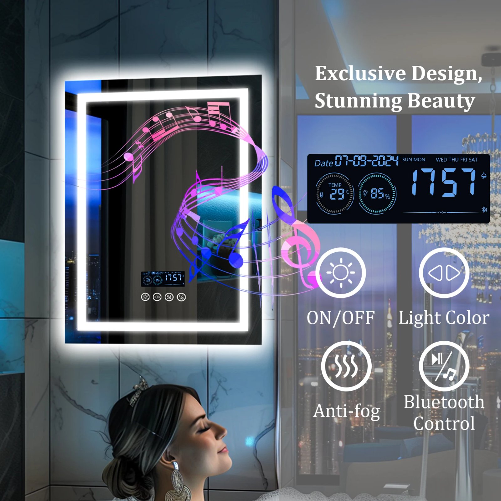 Square LED Lighted Bathroom Mirror with Bluetooth Speaker Smart Wall Vanity Mirror Front-lit and Backlight Touch Antifog