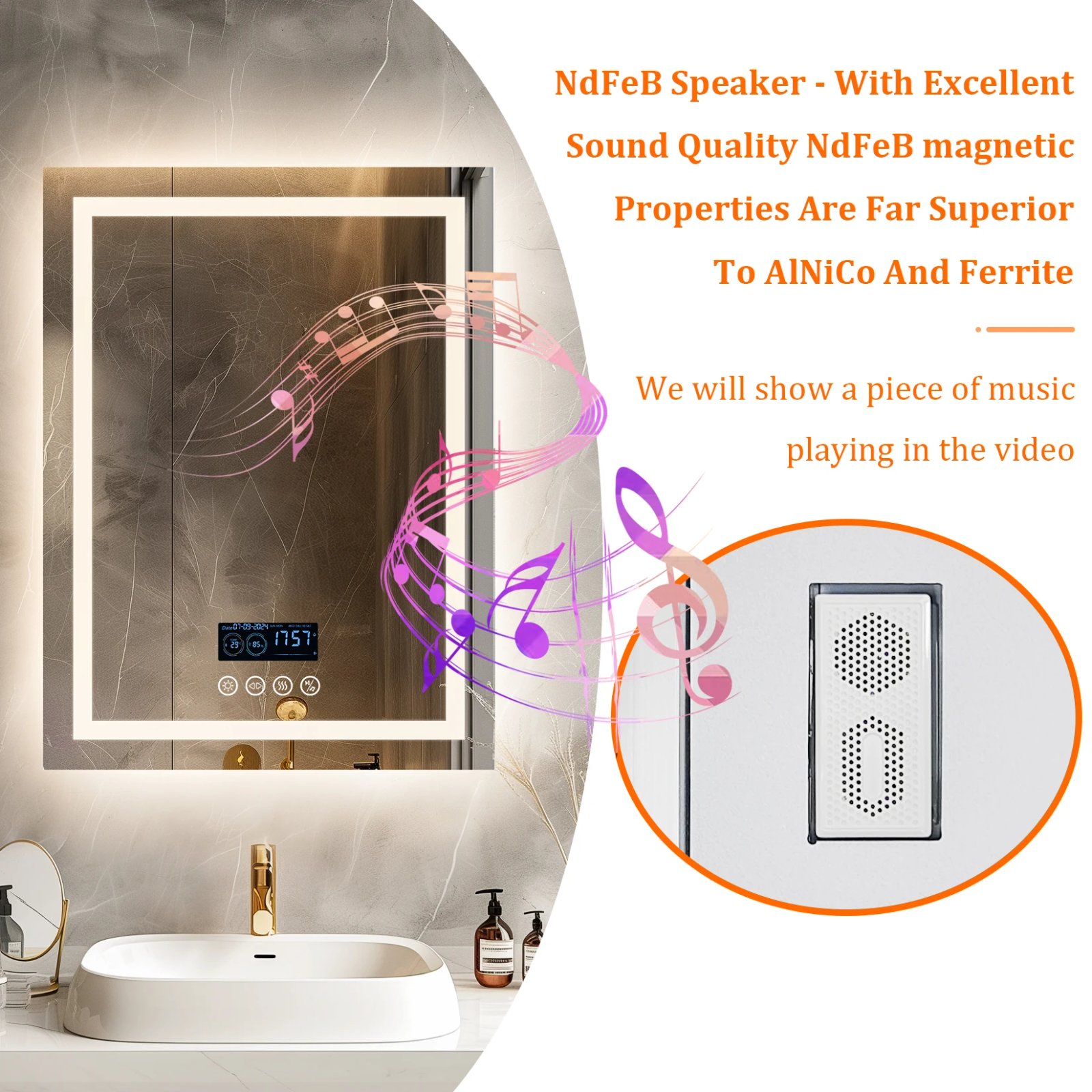 Square LED Lighted Bathroom Mirror with Bluetooth Speaker Smart Wall Vanity Mirror Front-lit and Backlight Touch Antifog